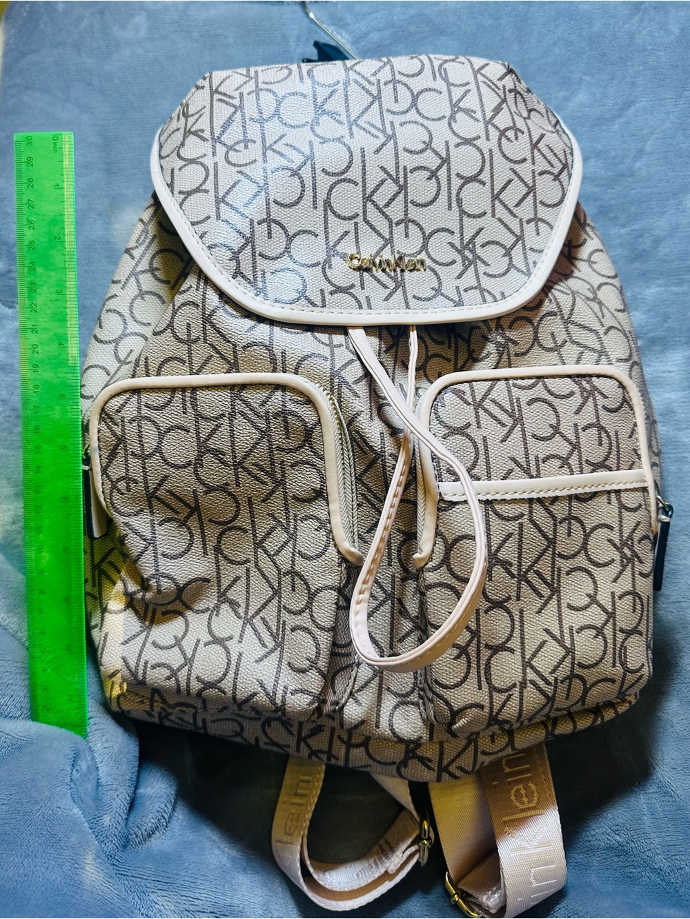 Calvin Klein Cream Monogram Drawstring Backpack
